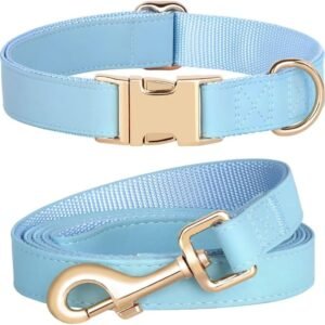 Soft Leather Dog Collar and Leash Set, Bright & Solid Nylon Blue Dog Collar with Quick Release Metal Buckle, Comfy & Stylish 5FT Dog Leash and Collar Set for Small Medium Large Dogs,Blue
