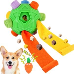Dog Snuffle Ball-Interactive Puzzle Dog Toys Encourage Natural Foraging Skills Slow Feeder for Training and Stress Relief, Cloth Strip Hiding Food Chew Toys with Squeaky Carrot Toy for Any Size