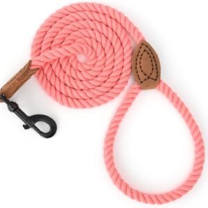 Dog Leash, Braided Cotton Rope Leashes with Leather Tailor Tip with Leather Tip - Heavy Duty Metal Clasp, 4FT, 1/2" Thick - Wedding, Walking Leash for Medium Large Dogs(Pink)