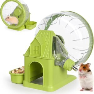 4 in 1 Quiet Hamster Exercise Wheel, Multi Functional Hamster House with Running Wheel, Water Bottle, Food Bowl and Hideout, Small Animals Exercise Running Toys for Hamsters Gerbils Mice, Green