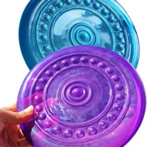 Dog Flying Discs Soft Teeth Cleanning Chew Toys,Rubber Material, Durable, Indestructible,2 Pack,18.5cm,90g,Blue and Purple Colors for Puppies Small Medium Dog Outdoor Training.