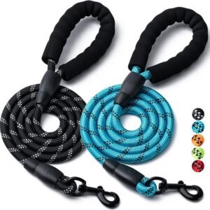 2 Pack Dog Leash, 4/5//6 FT Heavy Duty Nylon Rope Pet Leashes with Comfortable Padded Handle, Reflective Dog Leashes for Small Medium and Large Dogs (6FT-1/2,Black/Blue)