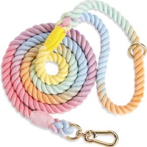 Rope Dog Leash Handmade Braided Cotton Rope Leashes with Heavy Duty Metal Clasp, Cute Dog Leash, Wedding Dog Leash (Colorful Macaron, 5 FT)