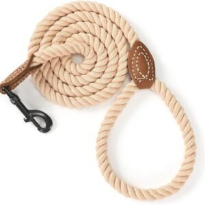 Dog Leash, Braided Cotton Rope Leashes with Leather Tip - Heavy Duty Metal Clasp, 4FT, 1/2" Thick - Wedding, Walking & Training Leash for Small Medium Large Dogs (Light Brown)