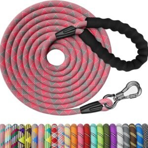 Long Dog Leash, 30FT Check Cord with Swivel Lockable Hook and Comfortable Padded Handle for Pink Leash for Small Medium and Large Dogs Walking Training Hiking Camping Playing